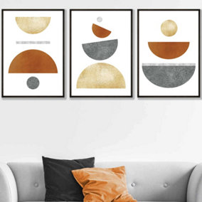 Set of 3 Orange, Gold and Grey Abstract Mid Century Geometric Wall Art Prints / 50x70cm / Black Frame
