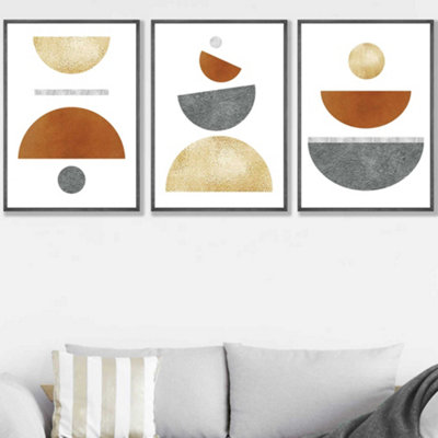 Set of 3 Orange, Gold and Grey Abstract Mid Century Geometric Wall Art Prints / 50x70cm / Dark Grey Frame