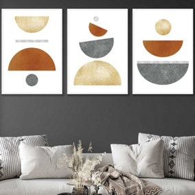 Set of 3 Orange, Gold and Grey Abstract Mid Century Geometric Wall Art Prints / 50x70cm / White Frame