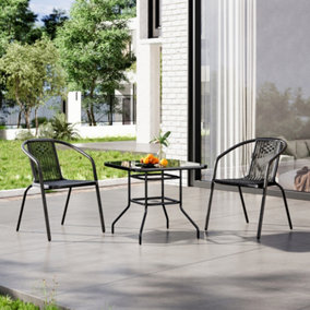 Set of 3 Outdoor Black Garden Furniture Set Dining Square Table Stacking Chair for Garden Patio Lounge Balcony with Umbrella Hole