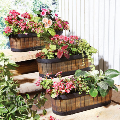 Set of 3 Oval Barrel Planters - Faux Wood Design, UV & Weather-Resistant, Durable Recycled Polypropylene, 14x16.5x46cm