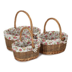Set of 3 Oval Unpeeled Willow Shopping Basket With Garden Rose Lining