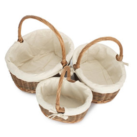 Set of 3 Oval Unpeeled Willow Shopping Basket With White Lining