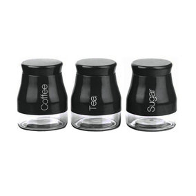 Set of 3 Pieces Glass Body Tea Coffee Sugar Caddy Canister Storage Jars Set Plastic Coated Black