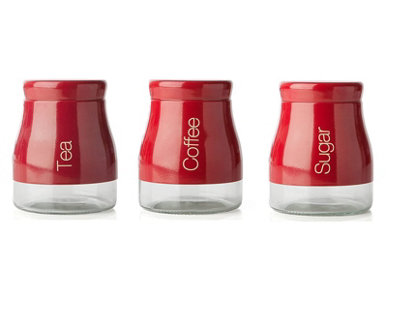 Red storage jars store coffee tea sugar