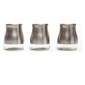 Set of 3 Pieces Glass Body Tea Coffee Sugar Canister Caddy Storage Jars Set Stainless Steel Silver
