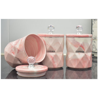 Set of 3 Pink Marble Design Coffee Tea Sugar Canisters