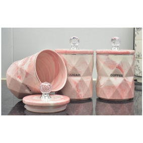 Set of 3 Pink Marble Design Coffee Tea Sugar Canisters