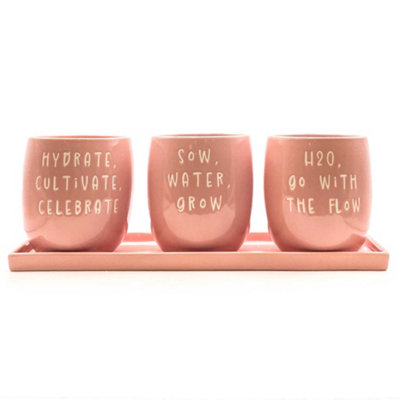 Set of 3 Pink Slogan Ceramic Planters with Tray