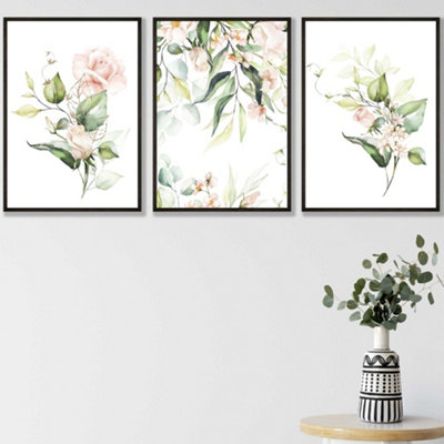 Set of 3 Pink Watercolour Rose Bouquets Wall Art Prints / 30x42cm (A3) / Black Frame