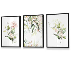 Set of 3 Pink Watercolour Rose Bouquets Wall Art Prints / 30x42cm (A3) / Black Frame