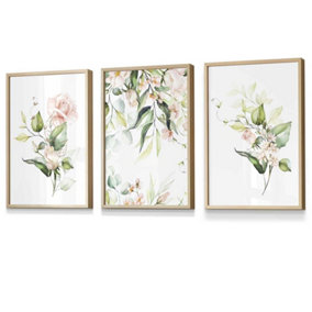 Set of 3 Pink Watercolour Rose Bouquets Wall Art Prints / 30x42cm (A3) / Oak Frame