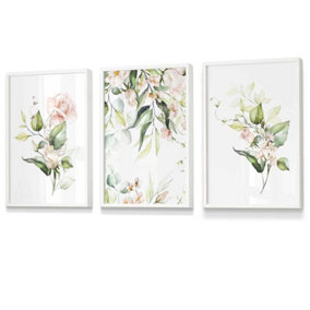 Set of 3 Pink Watercolour Rose Bouquets Wall Art Prints / 30x42cm (A3) / White Frame