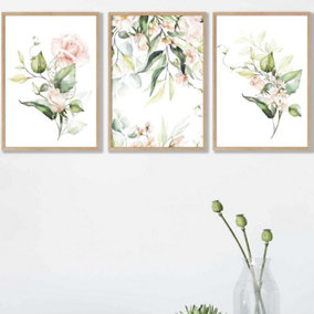 Set of 3 Pink Watercolour Rose Bouquets Wall Art Prints / 42x59cm (A2) / Oak Frame