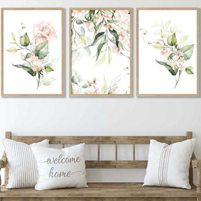 Set of 3 Pink Watercolour Rose Bouquets Wall Art Prints / 50x70cm / Oak ...