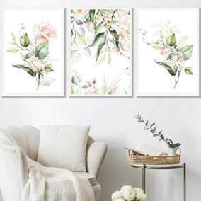 Set of 3 Pink Watercolour Rose Bouquets Wall Art Prints / 50x70cm / White Frame