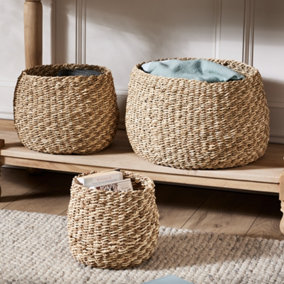 Set of 3 Plaited Seagrass and Palm Leaf Multipurpose Storage Basket