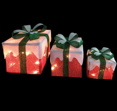 Set of 3 Pre-Lit Christmas Parcels: Red and Green with Snowy Tops, Warm White LEDs, Outdoor Safe