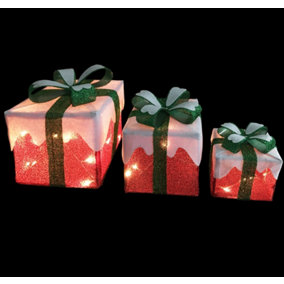 Set of 3 Pre-Lit Christmas Parcels: Red and Green with Snowy Tops, Warm White LEDs, Outdoor Safe