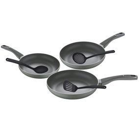 Set of 3 Pressed Aluminium Induction Frying Pan with 3 Utensil Set Black
