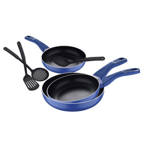 Set of 3 Pressed Aluminium Induction Frying Pan with 3 Utensil Set Blue