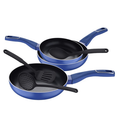 Set of 3 Pressed Aluminium Induction Frying Pan with 3 Utensil Set Blue
