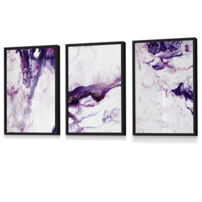 Set of 3 Purple Pink Abstract Ocean Waves Wall Art Prints / 30x42cm (A3) / Black Frame