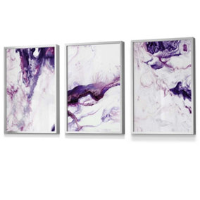 Set of 3 Purple Pink Abstract Ocean Waves Wall Art Prints / 30x42cm (A3) / Silver Frame