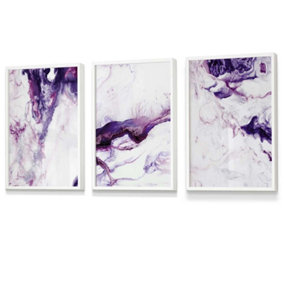 Set of 3 Purple Pink Abstract Ocean Waves Wall Art Prints / 30x42cm (A3) / White Frame