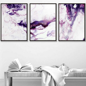 Set of 3 Purple Pink Abstract Ocean Waves Wall Art Prints / 42x59cm (A2) / Black Frame
