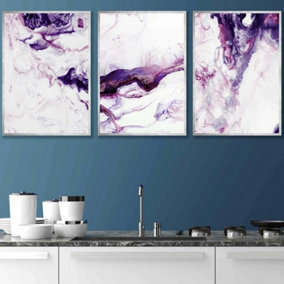 Set of 3 Purple Pink Abstract Ocean Waves Wall Art Prints / 42x59cm (A2) / Silver Frame