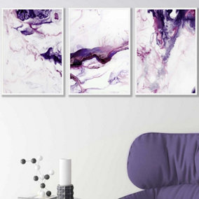 Set of 3 Purple Pink Abstract Ocean Waves Wall Art Prints / 42x59cm (A2) / White Frame