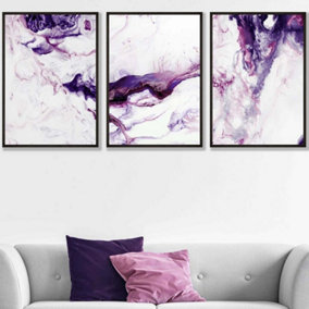 Set of 3 Purple Pink Abstract Ocean Waves Wall Art Prints / 50x70cm / Black Frame