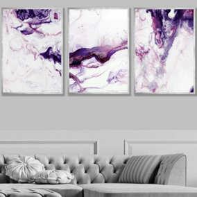 Set of 3 Purple Pink Abstract Ocean Waves Wall Art Prints / 50x70cm / Silver Frame