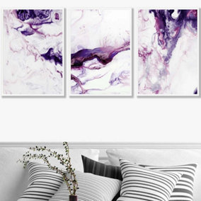 Set of 3 Purple Pink Abstract Ocean Waves Wall Art Prints / 50x70cm / White Frame