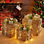 Set of 3 Rattan LED Light Up Christmas Gift Box Glitter Xmas Tree Decor Parcel Presents Set with Bow
