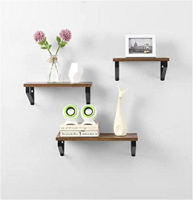 Set of 3 Rectangle Black Floating Shelves with MDF Wood Rustic Shelf & Metal Frame