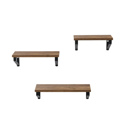 Set of 3 Rectangle Black Floating Shelves with MDF Wood Rustic Shelf & Metal Frame
