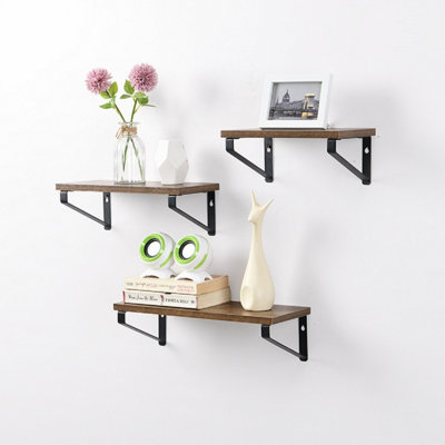 Set of 3 Rectangle Black Floating Shelves with MDF Wood Rustic Shelf & Metal Frame