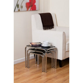 Set Of 3 Rectangle Nesting Tables with Black Glass Chrome Legs
