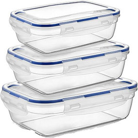 Set Of 3 Rectangular Containers Storage See Through Covers Food Plastic Lock