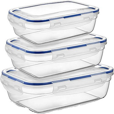Set Of 3 Rectangular Containers Storage See Through Covers Food Plastic Lock