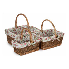 Set of 3 Rectangular Unpeeled Willow Shopping Basket With Garden Rose Lining