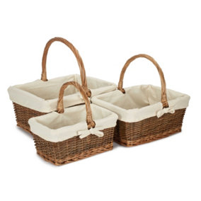 Set of 3 Rectangular Unpeeled Willow Shopping Basket With White Lining