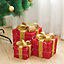 Set of 3 Red Glitter LED Lighted Christmas Square Gift Box Present Boxes Xmas Tree Decor with Bow