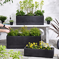 Set of 3 Rib Black Ribbed Finish Fibre Clay Indoor Outdoor Garden Plant Pots Houseplant Flower Planters