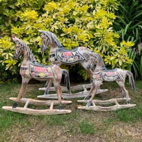 Set of 3 Rocking Horse Ornament - Wood - L20 x W50 x H50 cm - White