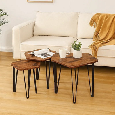 Set of 3 Rustic Brown Nesting Coffee Tables with Steel Frames ...