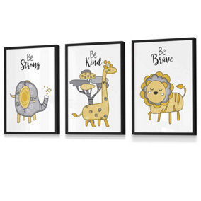Set of 3 Scandi Nursery Elephant Animals Quote Yellow Grey Wall Art Prints / 30x42cm (A3) / Black Frame