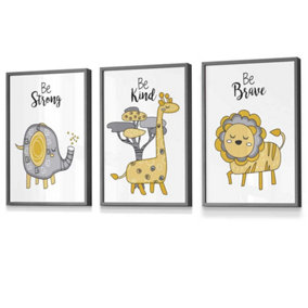 Set of 3 Scandi Nursery Elephant Animals Quote Yellow Grey Wall Art Prints / 30x42cm (A3) / Dark Grey Frame